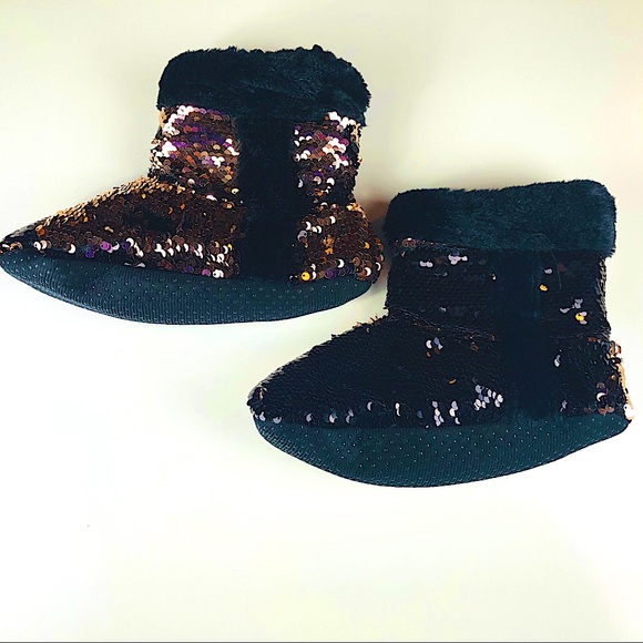 Black and Gold reversible sequin boot slippers - Picture 2 of 6